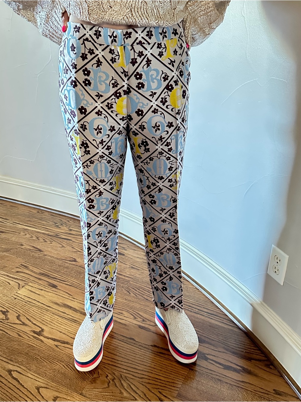 MARY KATRANTZOU Patterned Silk Jacquard Pants in Blue & Yellow NWOT Size 10 US🌸